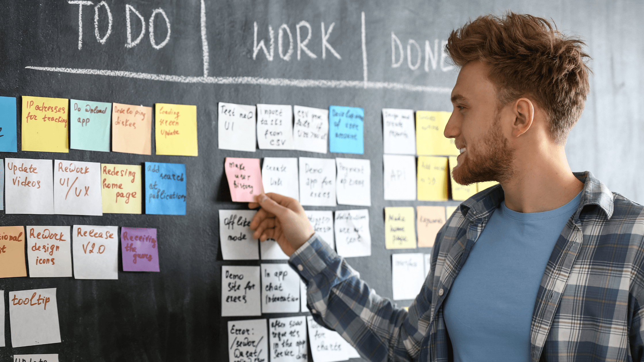 un homme en train de positionner des post-it sur un tableau noir