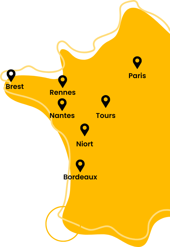 carte de la France avec les implantations de Wekey, Niort, Brest, Paris, Bordeaux, Nantes, Tours, Rennes